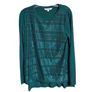 Ellen Tracy Pine Green Crochet Layer Lined High Low Hem Long Sleeve Top Sz M